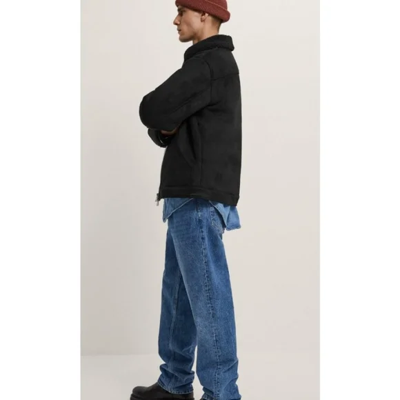 ZARA Black Faux Suede Aviator Jacket Shearling Lined Zip Coat Mens L - Picture 5 of 14